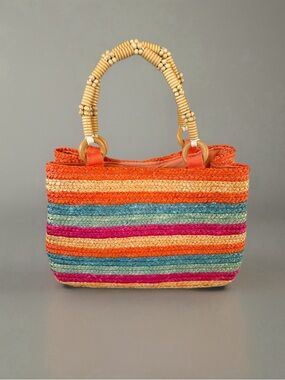 Colorful Woven Straw Handbag with Wooden Bead Handles
